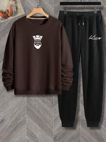 Manfinity Homme Men Plus Letter Graphic Sweatshirt & Sweatpants - Coffee Brown - View 7