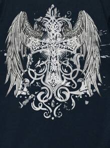 ROMWE MEN Goth Men Cross & Wings Print Tee For Halloween, School - Navy Blue - View 3