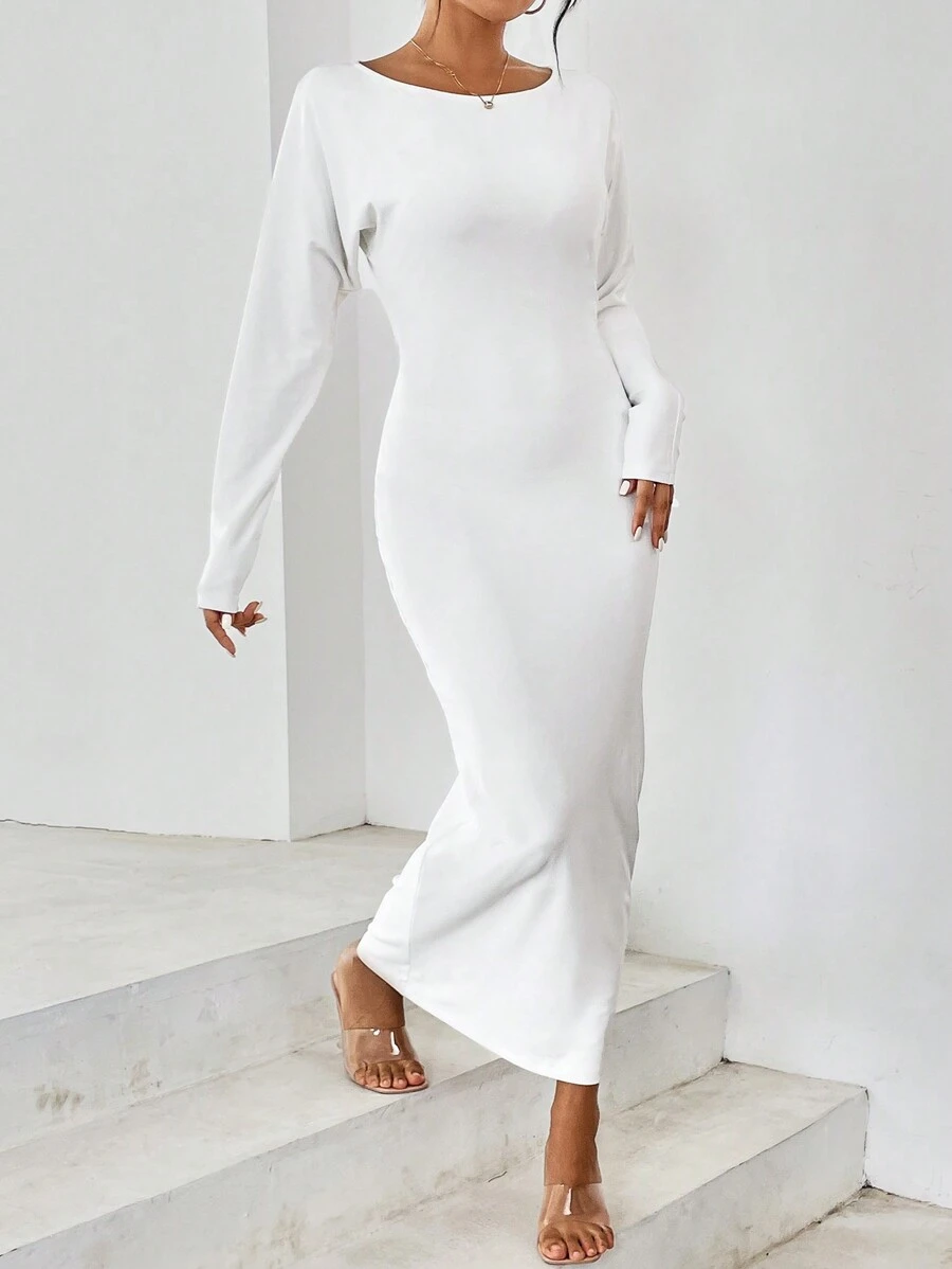 SHEIN Privé Solid Backless Bodycon Dress - White - View 1