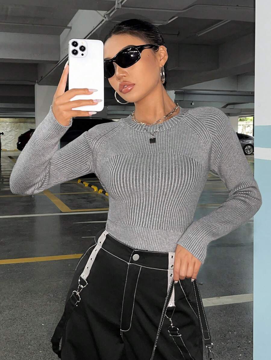 SHEIN EZwear Pull Unicolore Côtelé Manches Raglan