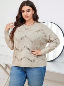 SHEIN LUNE 大碼網眼針織落肩袖套頭毛衣 - 杏色 - 查看 6