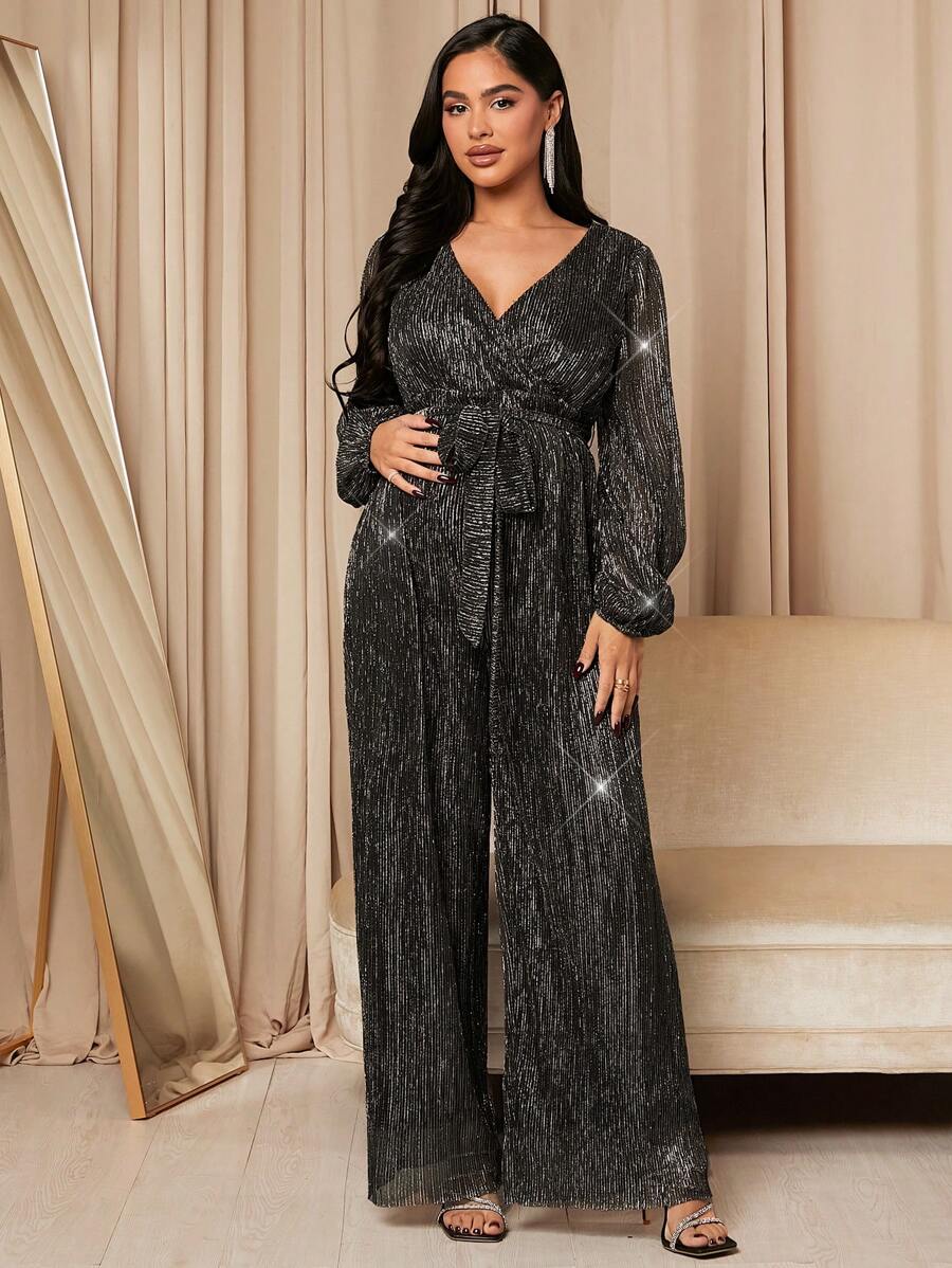 SHEIN Maternity Surplice Neck Lantern Sleeve Belted Sequin Wide Leg Jumpsuit - Black - View 1