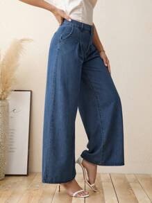 SHEIN LUNE High Waist Wide Leg Jeans Without Belt - Blue - View 4