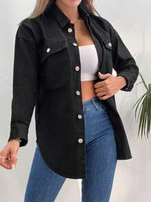 EURMUSE Women's Casual Versatile Solid Color Denim Jacket, Autumn - Black - View 3