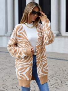 SHEIN LUNE Áo khoác cardigan trễ vai họa tiết sọc ngựa vằn - Lạc đà - Xem 3