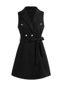 SHEIN Clasi Plus Double Breasted Belted Vest Overcoat - Black - View 1