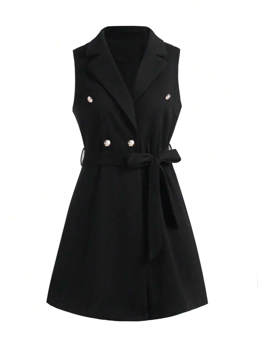 SHEIN Clasi Plus Double Breasted Belted Vest Overcoat - Black - View 1