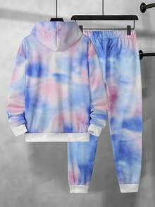 男士紮染和標語圖案保暖抽繩連帽衫和運動褲 - 藍色 - 查看 2