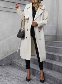 SHEIN Frenchy 西裝領雙排釦腰帶風衣外套 - 卡其色 - 查看 3