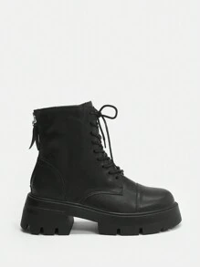 SheIn ICON 女性帶扣飾&後拉鍊摩托車靴子帶厚防水台,黑色