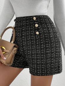 SHEIN Frenchy 格紋圖案假鈕扣粗花呢短褲 - 黑色 - 查看 6