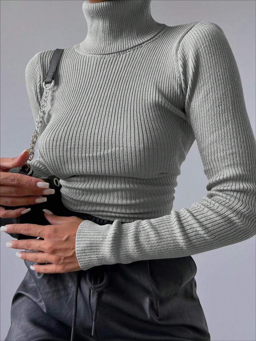 SHEIN Cottnline High Neck Ribbed Knit Sweater - Light Grey - View 1