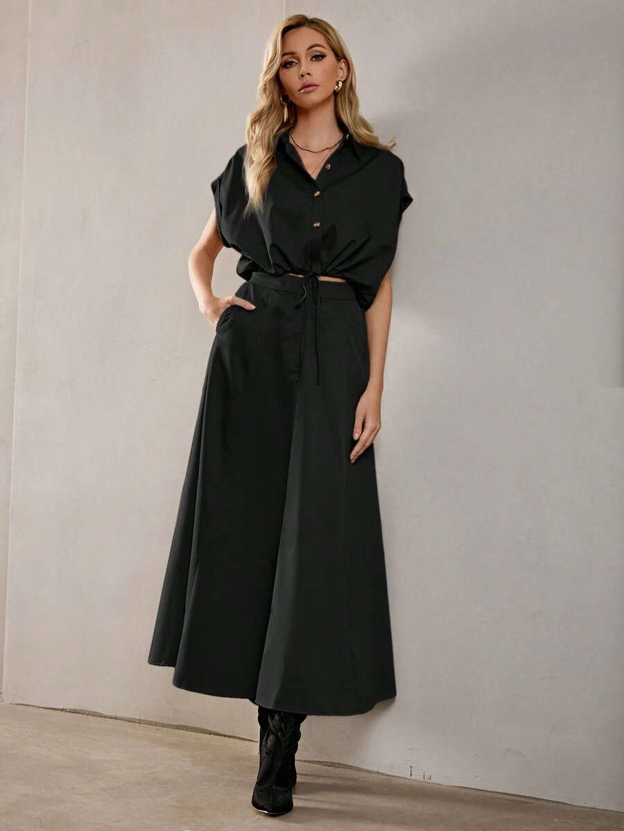 SHEIN BIZwear 女性蝙蝠袖襯衫和闊腿褲兩件套套裝 - 黑色 - 查看 1
