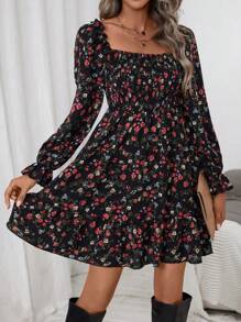 SHEIN X Garcia Sisters SHEIN LUNE Ditsy Floral Print Flare Sleeve Ruffle Hem Dress - Multicolor - View 3