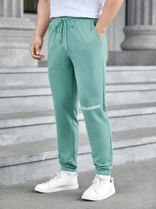 GENTILAND 男士打結腰帶運動長褲,印花文字圖案設計 - 綠色 - 查看 1