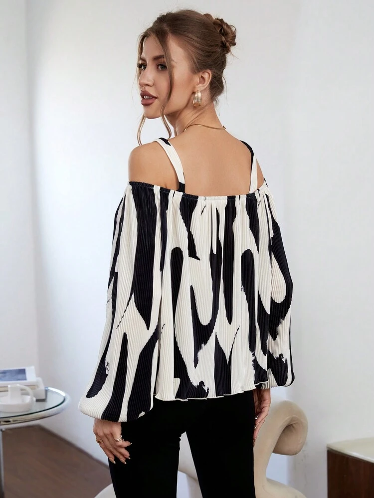 Graphic Print Cold Shoulder Lantern Sleeve Top