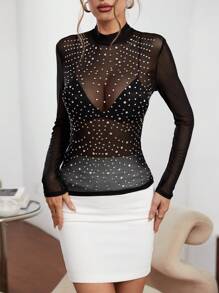 SHEIN Privé 水鑽細節小高領網紗T恤不附胸罩 - 黑色 - 查看 5