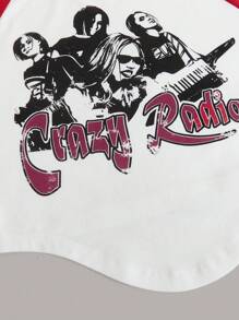 Muchica Letter & Figure Graphic Raglan Sleeve Hanky Hem Tee - Red - View 4