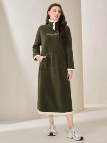 Mulvari Women's Drop Shoulder Letter Embroidery Dress - Army Green - View 3