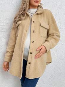 SHEIN Maternity Flap Pocket Drop Shoulder Teddy Coat - Apricot - View 6