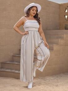 SHEIN VCAY 大碼條紋和幾何圖案闊腿吊帶連體褲 - 米色 - 查看 5