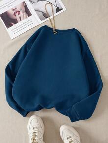 SHEIN EZwear 女士印花藍色圓領常規適合的運動衫 - 藏蓝色 - 查看 2