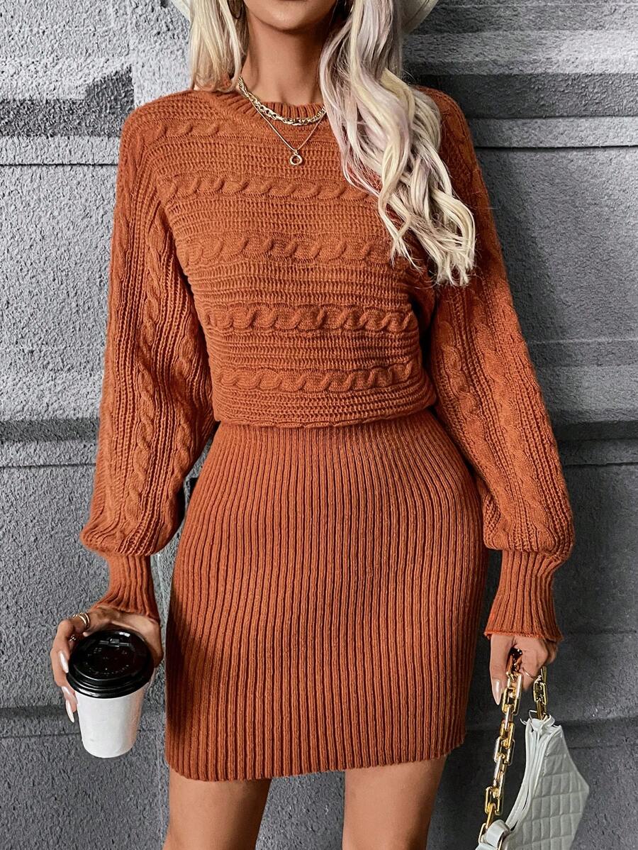 SHEIN Clasi 麻花編織蝙蝠袖毛衣洋裝 - 棕色 - 查看 1
