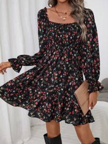 SHEIN X Garcia Sisters SHEIN LUNE Ditsy Floral Print Flare Sleeve Ruffle Hem Dress - Multicolor - View 6