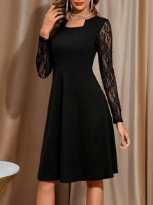 Amorya 袖蕾丝拼接缺口领不对称下摆连衣裙秋冬女装返校节端庄复古漂亮女士服装老钱女士教师服装机场 - 黑色 - 查看 5