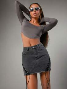 SHEIN BAE Grey-Black Washed Denim Mini Skirt With Tie And Western Style, Low Waist