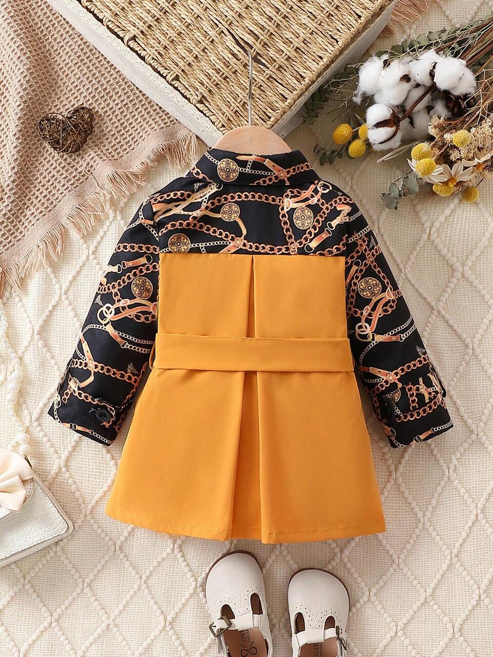 Baby Girl Chain Print Double Breasted Belted Trench Coat