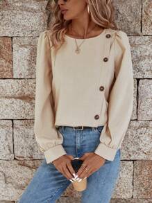 SHEIN LUNE Enfärgat Knappdetalj Puff Ärm Blusar - Aprikos - Visa 3