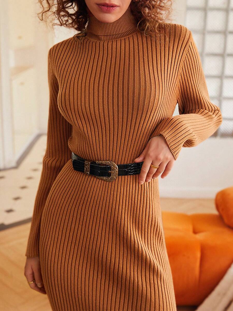 SHEIN Frenchy Vestido Suéter De Punto Acanalado Dividido Con Cuello Alto De Color Liso