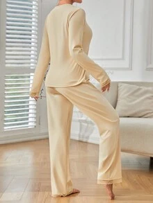 Lace Trim Thermal Underwear Set - Apricot - View 2