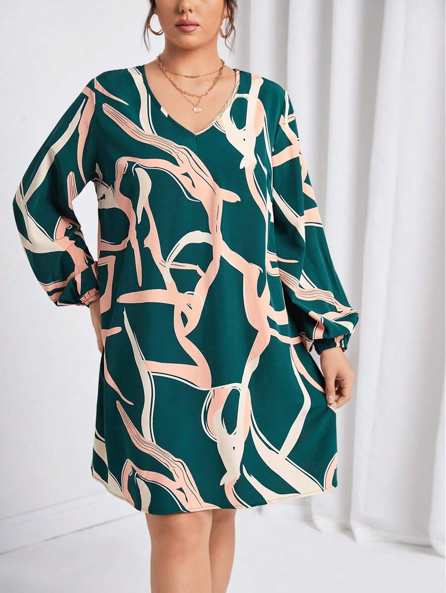 SHEIN Frenchy Plus Graphic Print Lantern Sleeve Dress - Dark Green - View 1