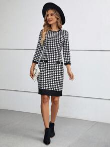 SHEIN LUNE Houndstooth Print Fitted Dress - Black and White - View 6
