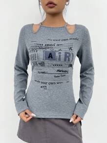 SHEIN EZwear Đồ họa Khẩu hiệu Cắt ra Áo thun - Xám - Xem 1