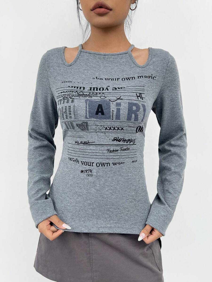 SHEIN EZwear Đồ họa Khẩu hiệu Cắt ra Áo thun - Xám - Xem 1