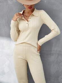 GENKIRA Cổ Polo Đồ đan Ribbed Áo len & Quần dệt kim - Màu Khaki - Xem 5
