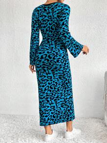 SHEIN Essnce Hoa văn Báo tay áo lá sen Đầm Áo len - Màu xanh lam - Xem 2