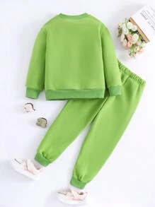 SHEIN 女小童卡通恐龍裝飾加絨內裏衛衣和衛褲 - 綠色 - 查看 2