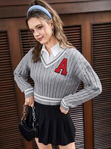 SHEIN EZwear 字母貼布條紋飾邊落肩袖麻花編織板球毛衣不帶襯衫 - 灰色 - 查看 3