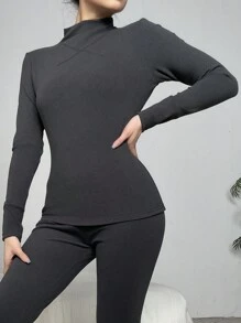 小高領保暖內衣上衣 - 深灰色 - 查看 3