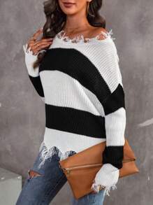 SHEIN Essnce 雙色落肩袖仿舊邊套頭毛衣 - 黑與白 - 查看 5