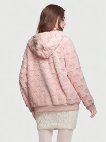 Kawaii 貓刺繡拉鏈開襟抽繩連帽夾克 - 粉色 - 查看 2