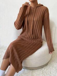 SHEIN Essnce Thả vai Dây rút áo có mũ Đầm Áo len - màu nâu - Xem 3