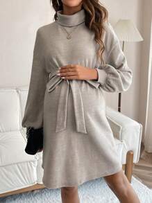 SHEIN Thai sản Cổ cao Váy có thắt lưng - Màu Khaki - Xem 3