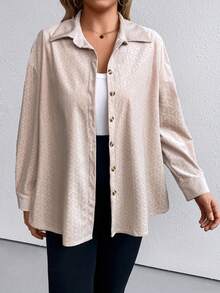 SHEIN LUNE 大碼提花落肩袖襯衫 - 杏色 - 查看 3