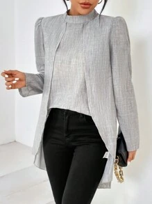 SHEIN Privé Mock Neck Puff Sleeve High Low Hem Blouse - Black - View 5