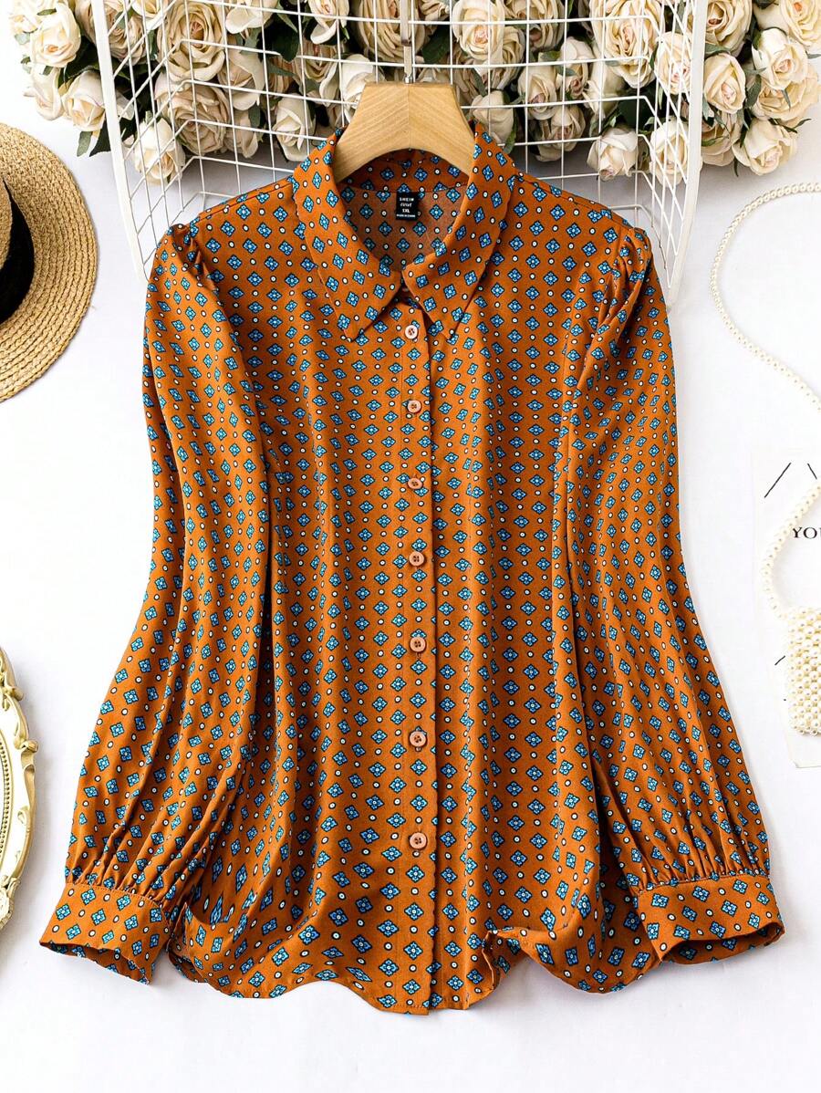 Rometta 大碼滿版印花前紐扣襯衫 - 棕色 - 查看 1